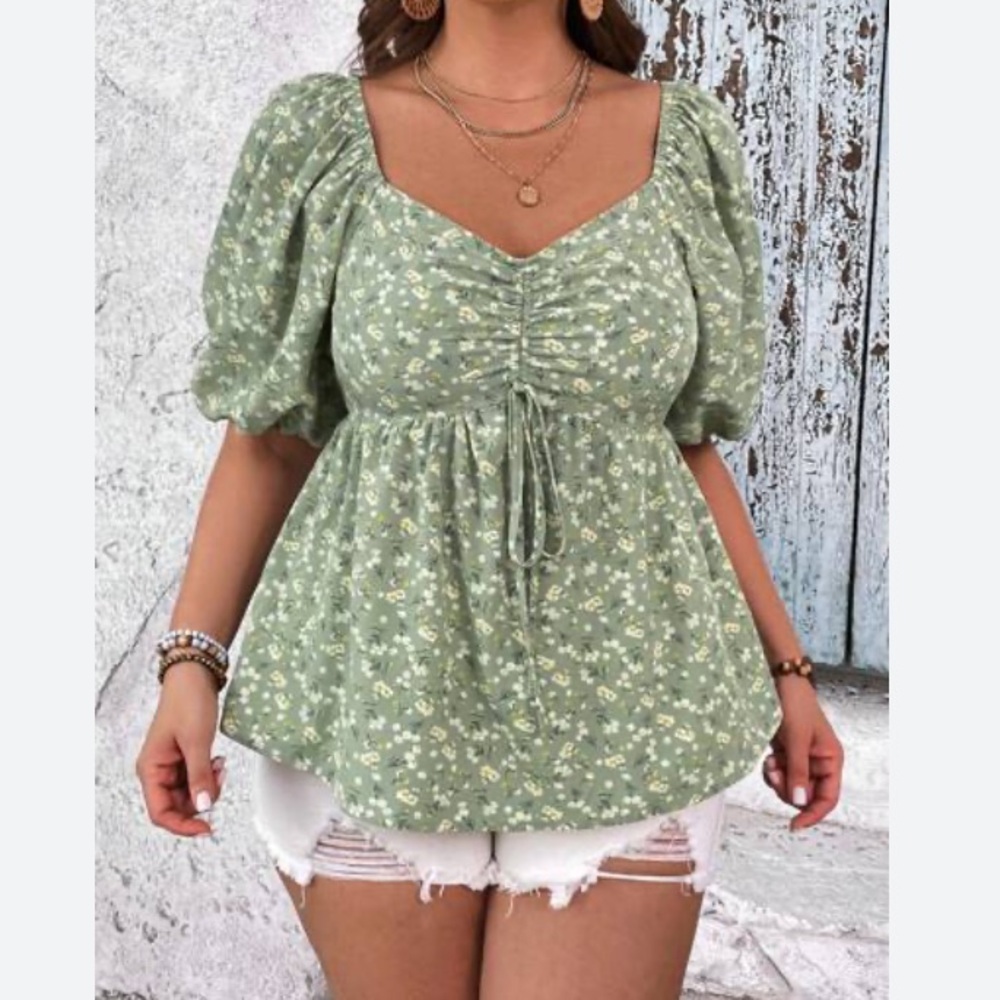 Floral Bow Detail Cottagecore Puff Sleeve Peplum Blouse SET OF 2 Shein Lot Tops - Picture 4 of 17